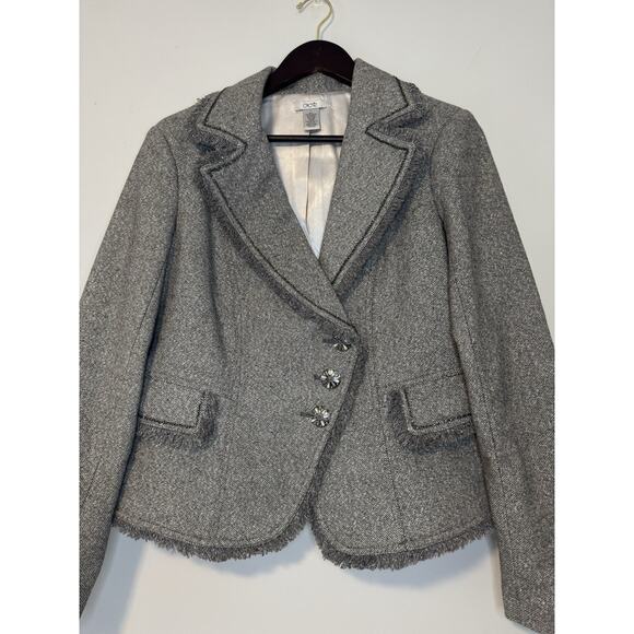 Cache Size Large Y2K Metalic Silver Gray Boucle Wool Blend Tweed Blazer Fringe - Picture 2 of 11